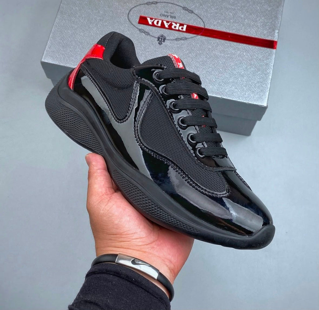 Black Patent Leather & Mesh Luxury Sneakers with Red Accent