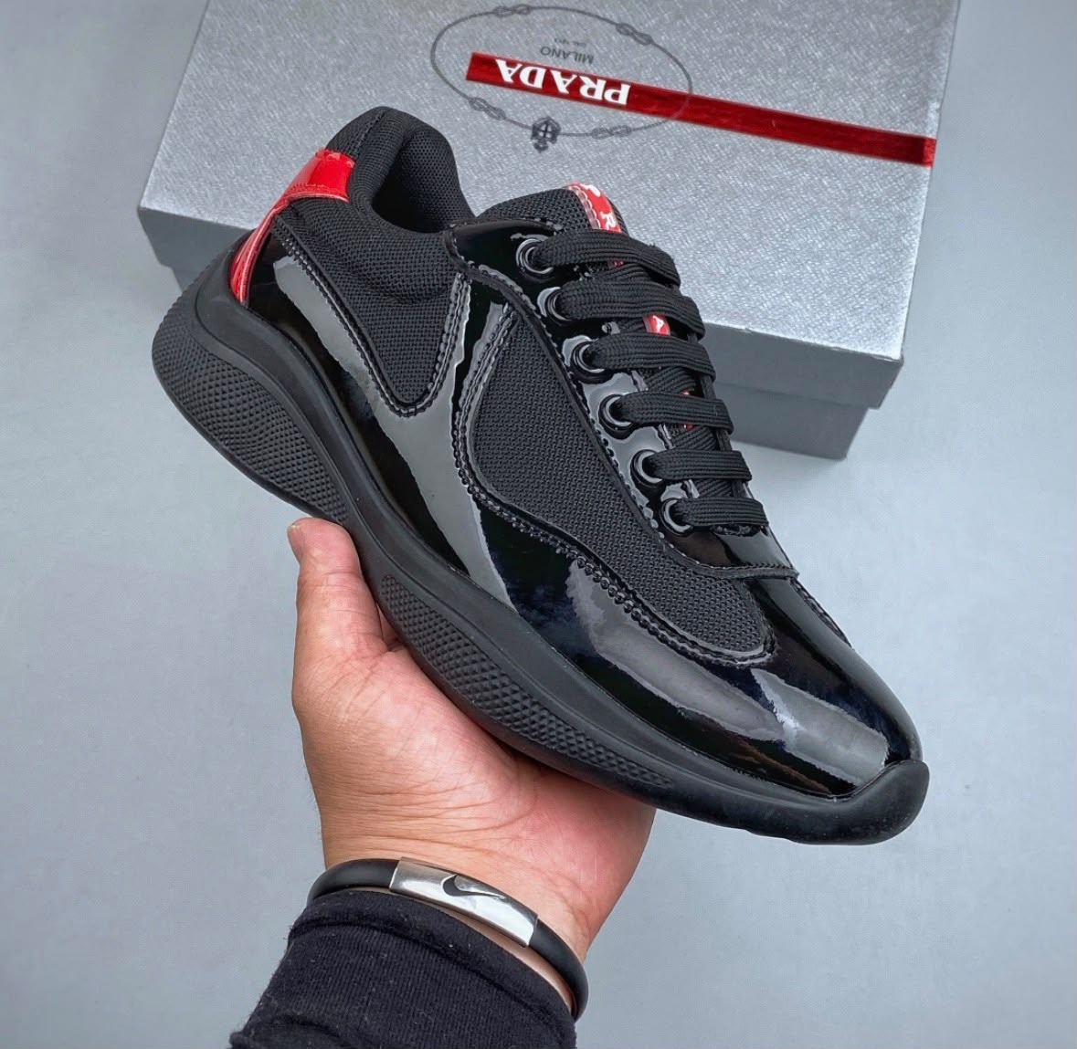 Black Patent Leather & Mesh Luxury Sneakers with Red Accent
