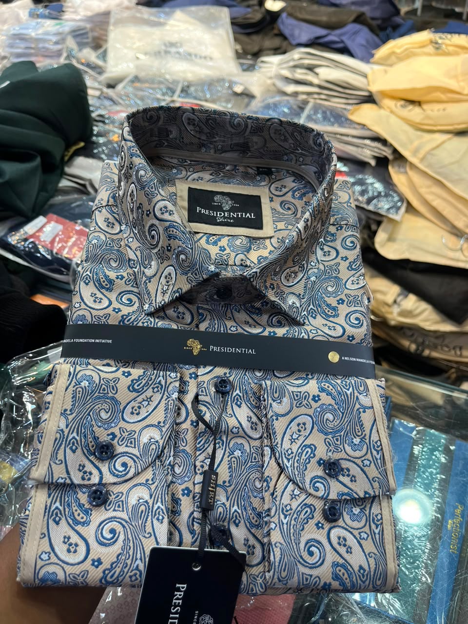 Presidential Men's Dress Shirt – Cream Blue Paisley