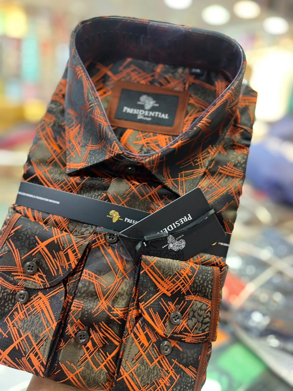 Presidential Men's Dress Shirt – Black Orange Abstract