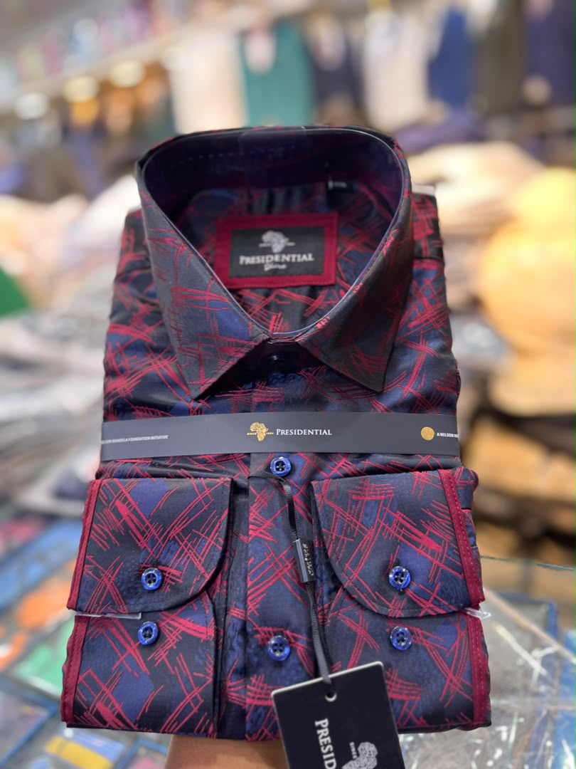 Presidential Men's Dress Shirt – Navy Red Abstract