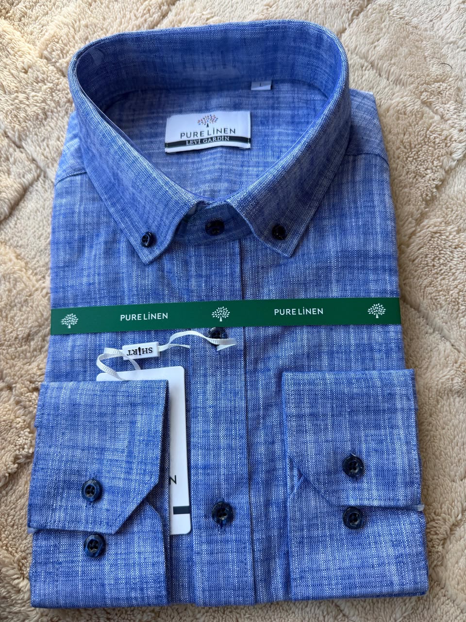 Pure Linen Blue Long Sleeve Button-Down Shirt