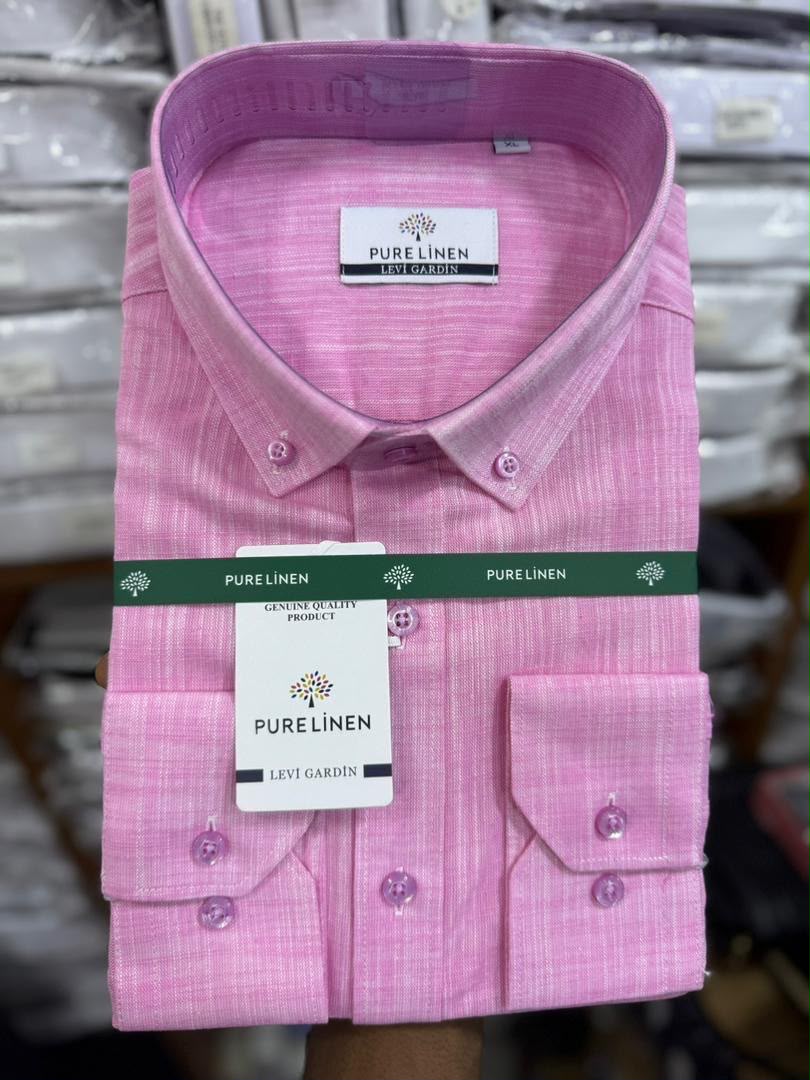 Pure Linen Pink Long Sleeve Button-Down Shirt