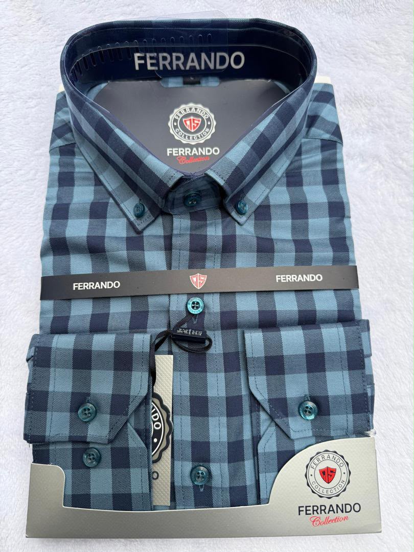 Ferrando Collection Steel Blue & Navy Check Long Sleeve Shirt