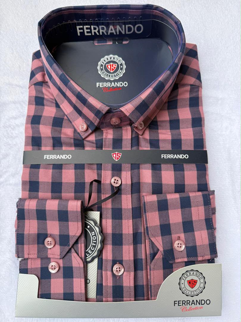Ferrando Collection Dusty Pink & Navy Gingham Check Long Sleeve Shirt