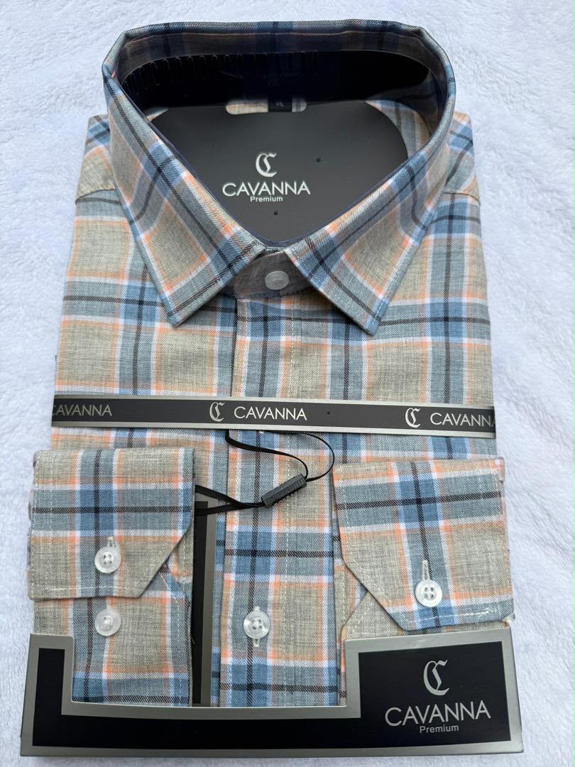 Cavanna Premium Beige & Blue Plaid Check Long Sleeve Shirt