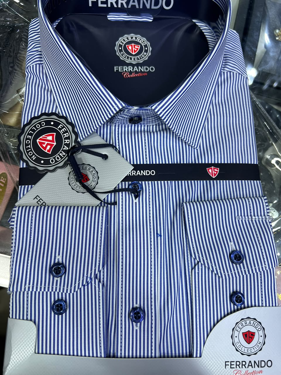 Ferrando Collection White & Blue Pinstripe Long Sleeve Dress Shirt