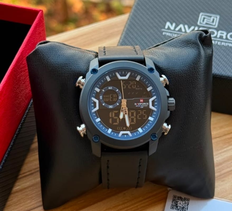 Naviforce Dual-Display Watch – Black Leather Strap