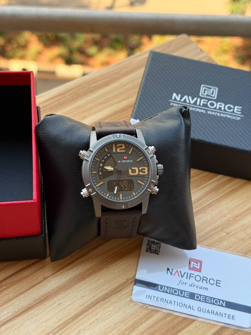 Naviforce Dual-Display Men's Watch – Brown Leather Strap