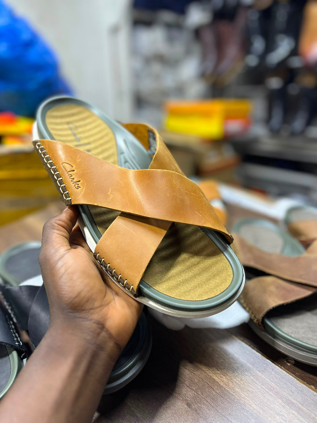 Clarks Cross-Strap Leather Slide Sandals