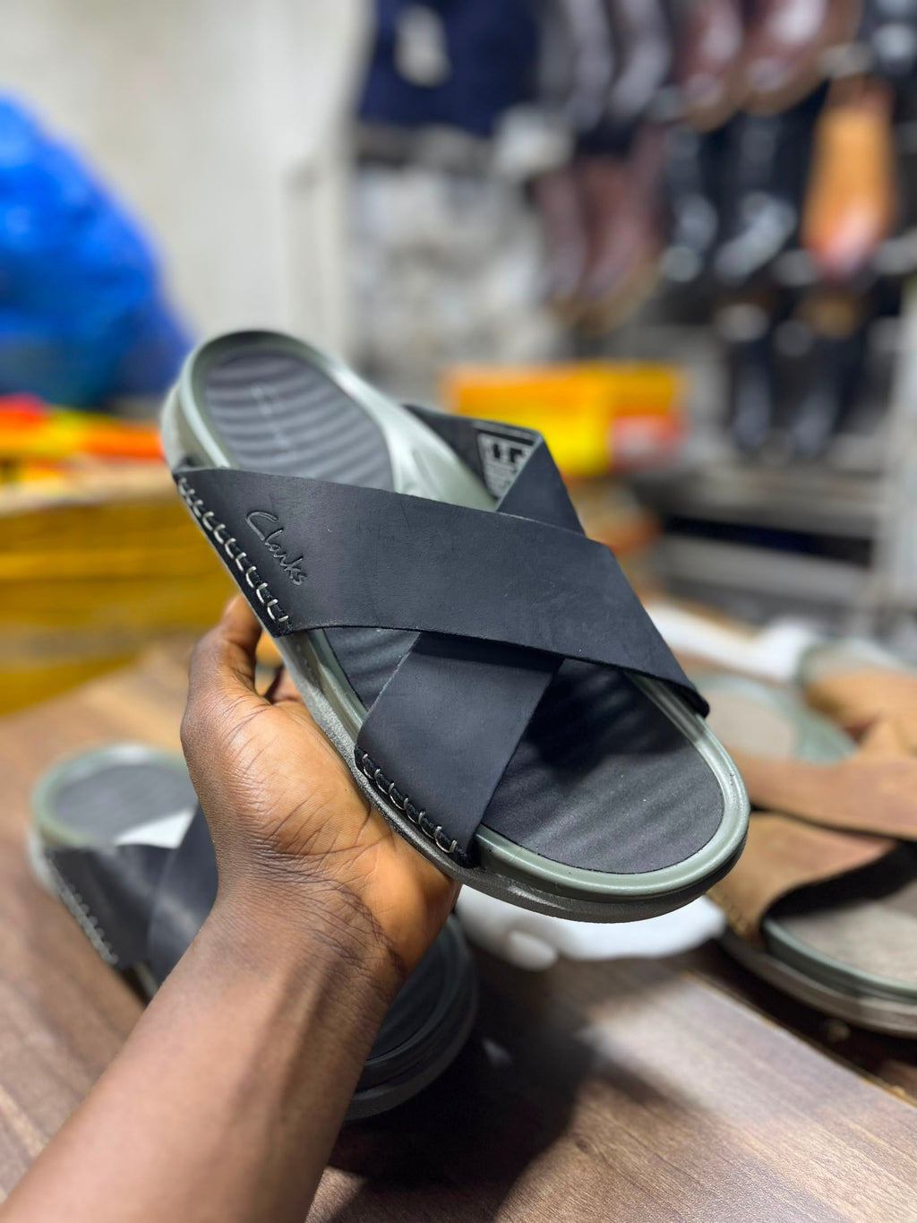 Clarks Cross-Strap Leather Slide Sandals