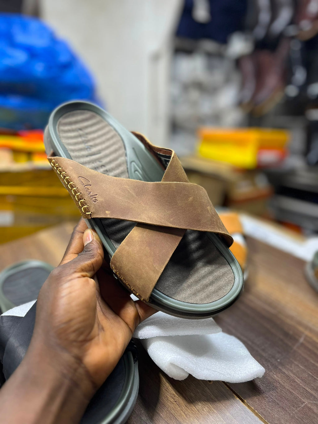 Clarks Cross-Strap Leather Slide Sandals