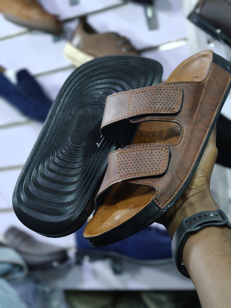 Men's Perforated Leather Double Velcro Strap Sandals
