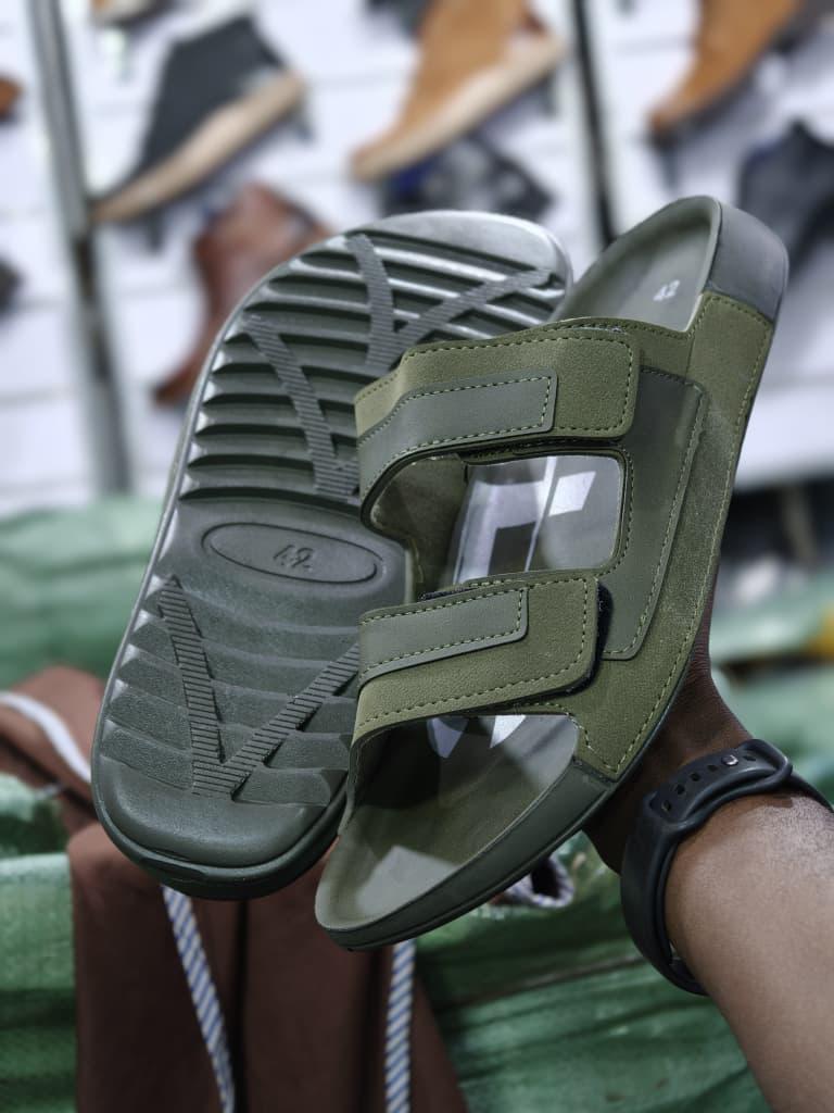 Men's Olive Green Double Velcro Strap Slide Sandals