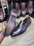 Navy Blue Leather Penny Loafer Shoes