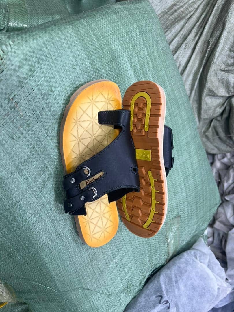 Flyfeet Men's Navy Blue Leather Slide Sandals