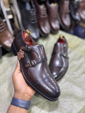 Dark Brown Leather Double Monk Strap Brogue Shoes