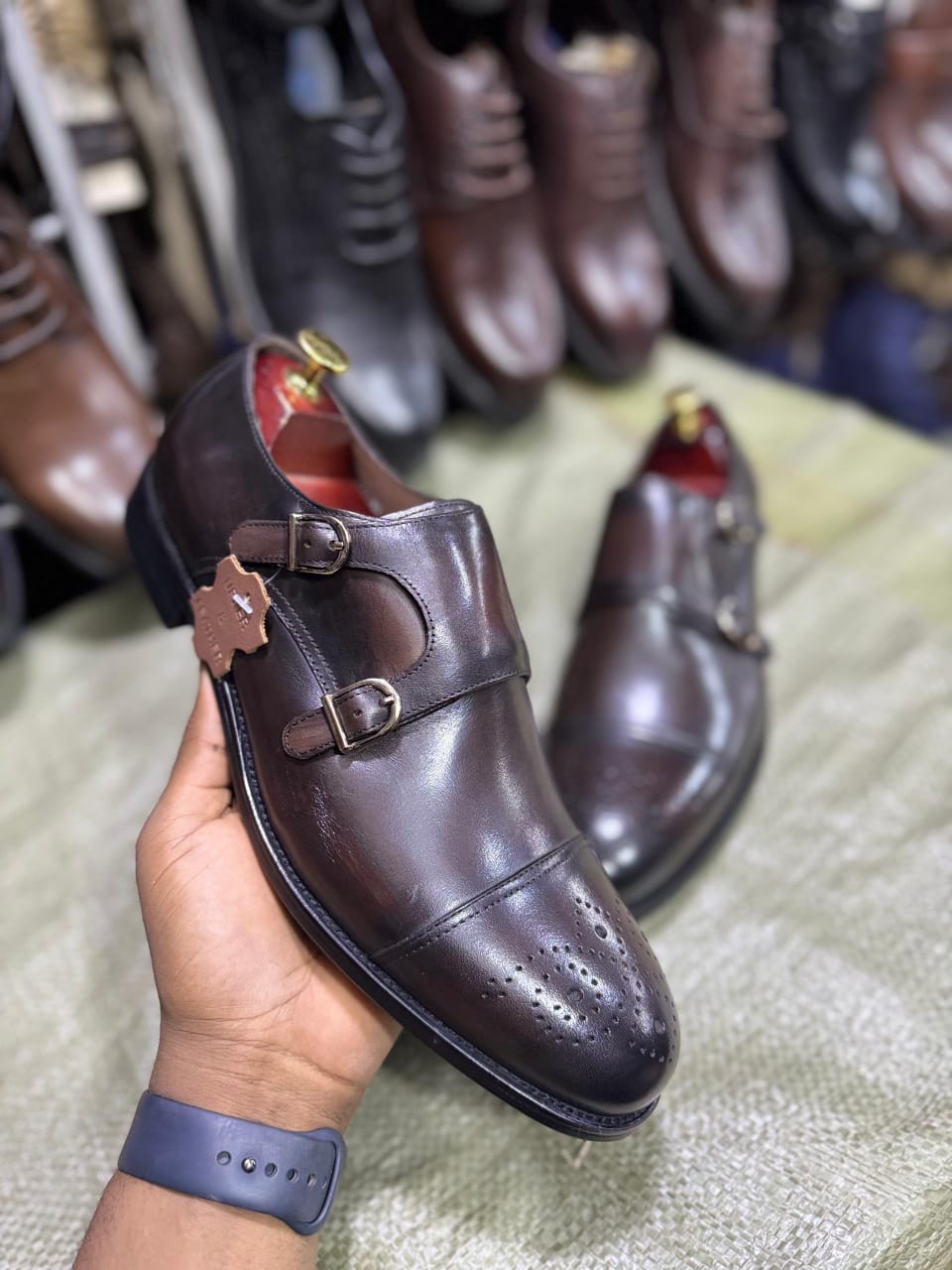 Dark Brown Leather Double Monk Strap Brogue Shoes