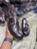 Dark Brown Leather Plain Cap Toe Double Monk Strap Shoes