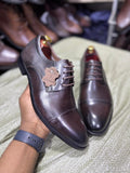 Dark Brown Leather Textured Vamp Cap Toe Derby Shoes