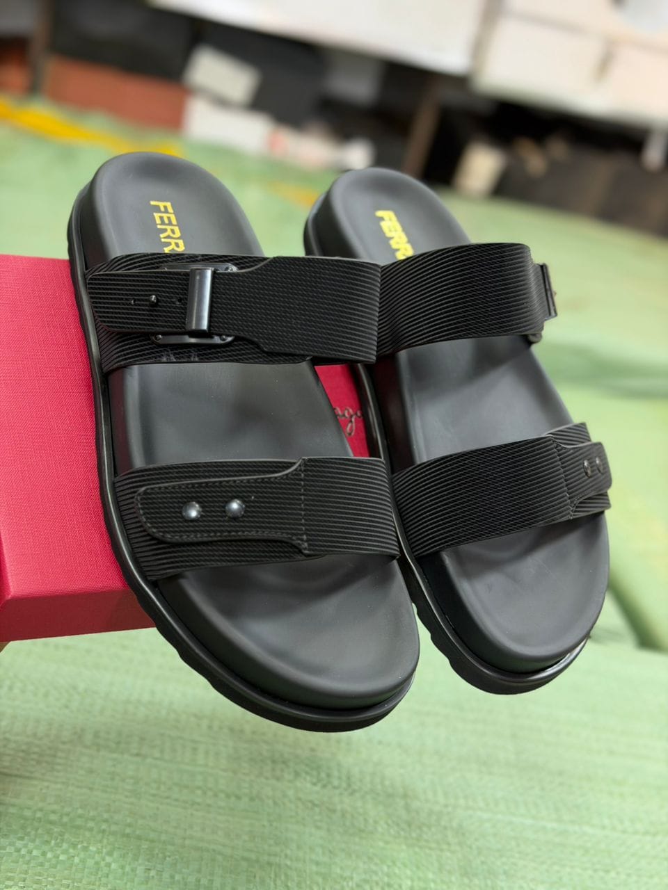 Ferragamo Men's Black Double Strap Slide Sandals