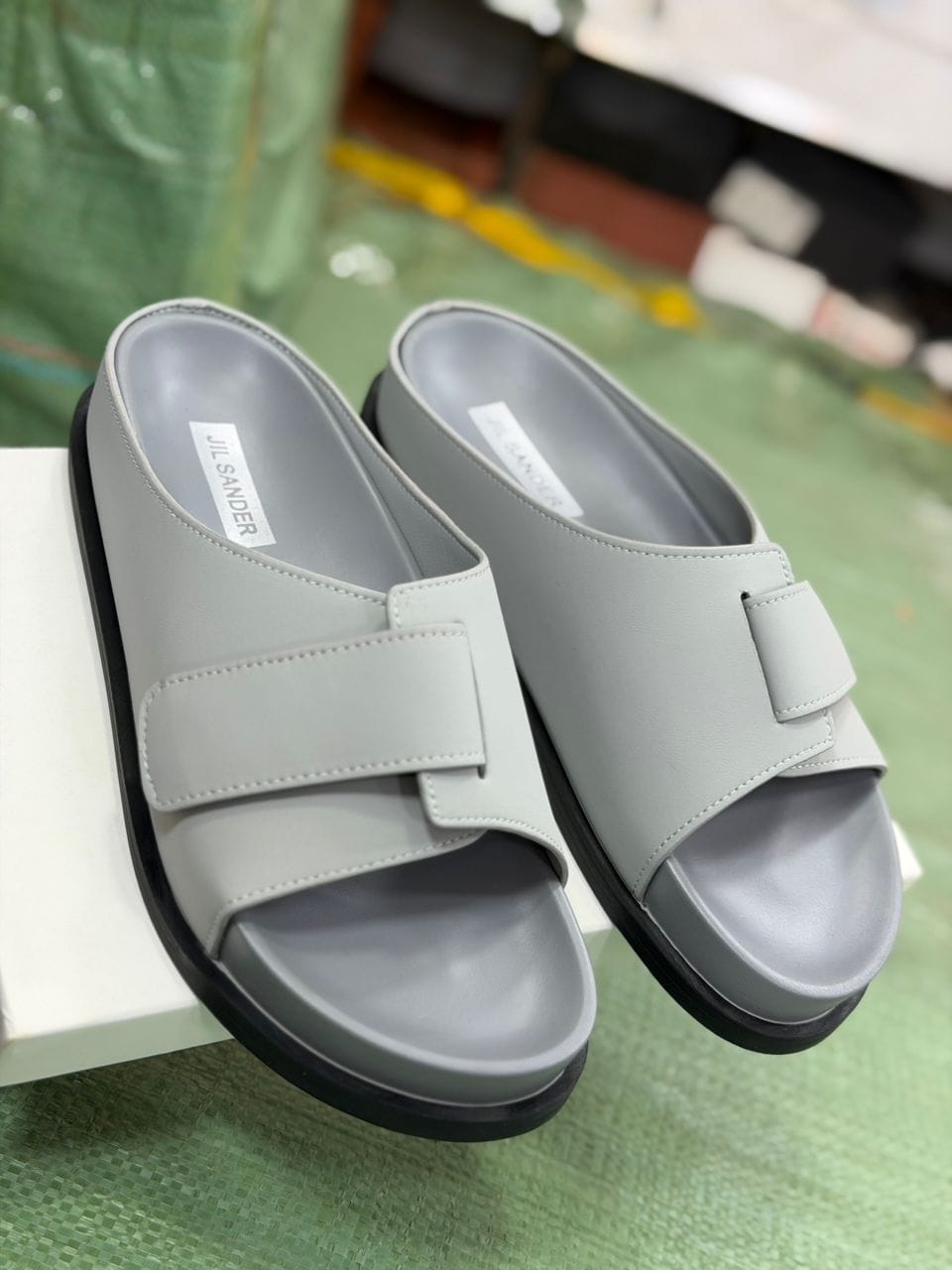 Jil Sander Men's Minimalist Grey Leather Slide Sandals