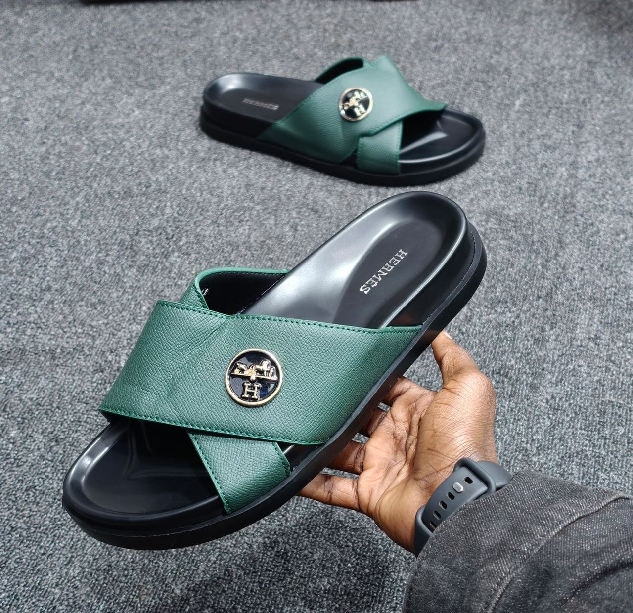 Green Saffiano Leather Crossband Slide Sandals
