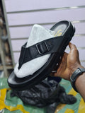 Black Leather Buckle Strap Thong Flip Flop Sandals