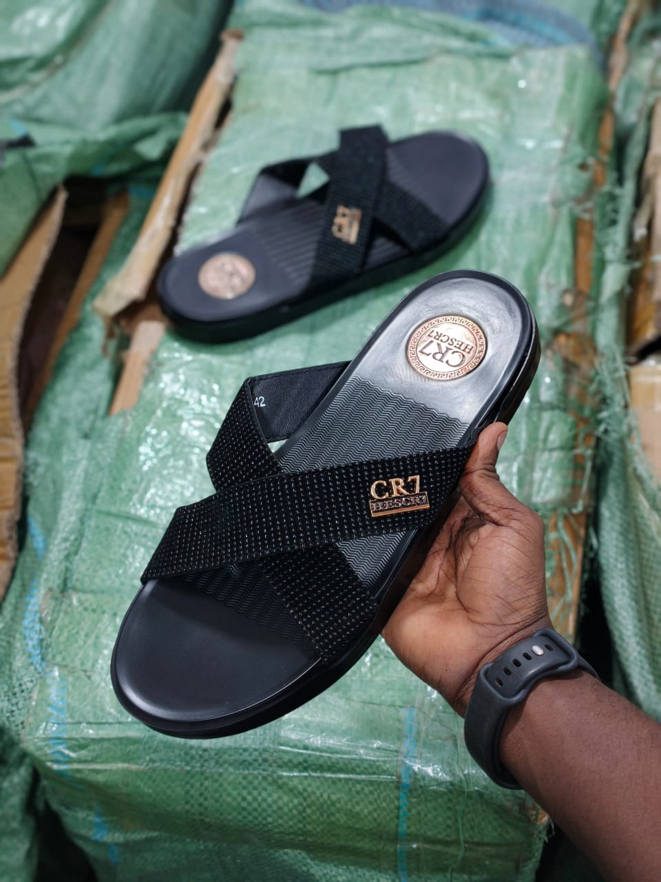 Black Textured Crossband Slide Sandals with Rose Gold Detail