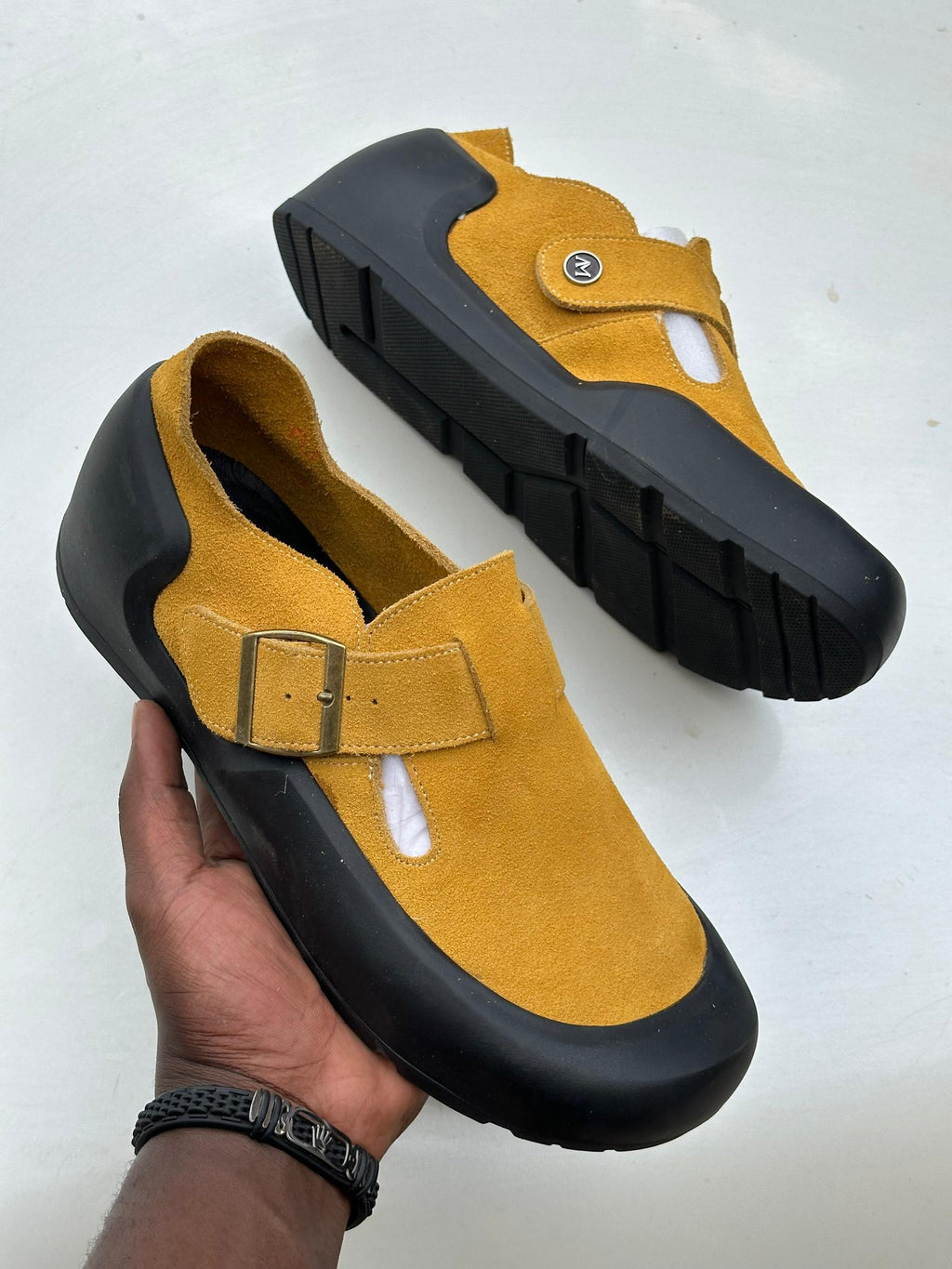Mustard Yellow Suede Buckle Strap Clog Mule Shoes