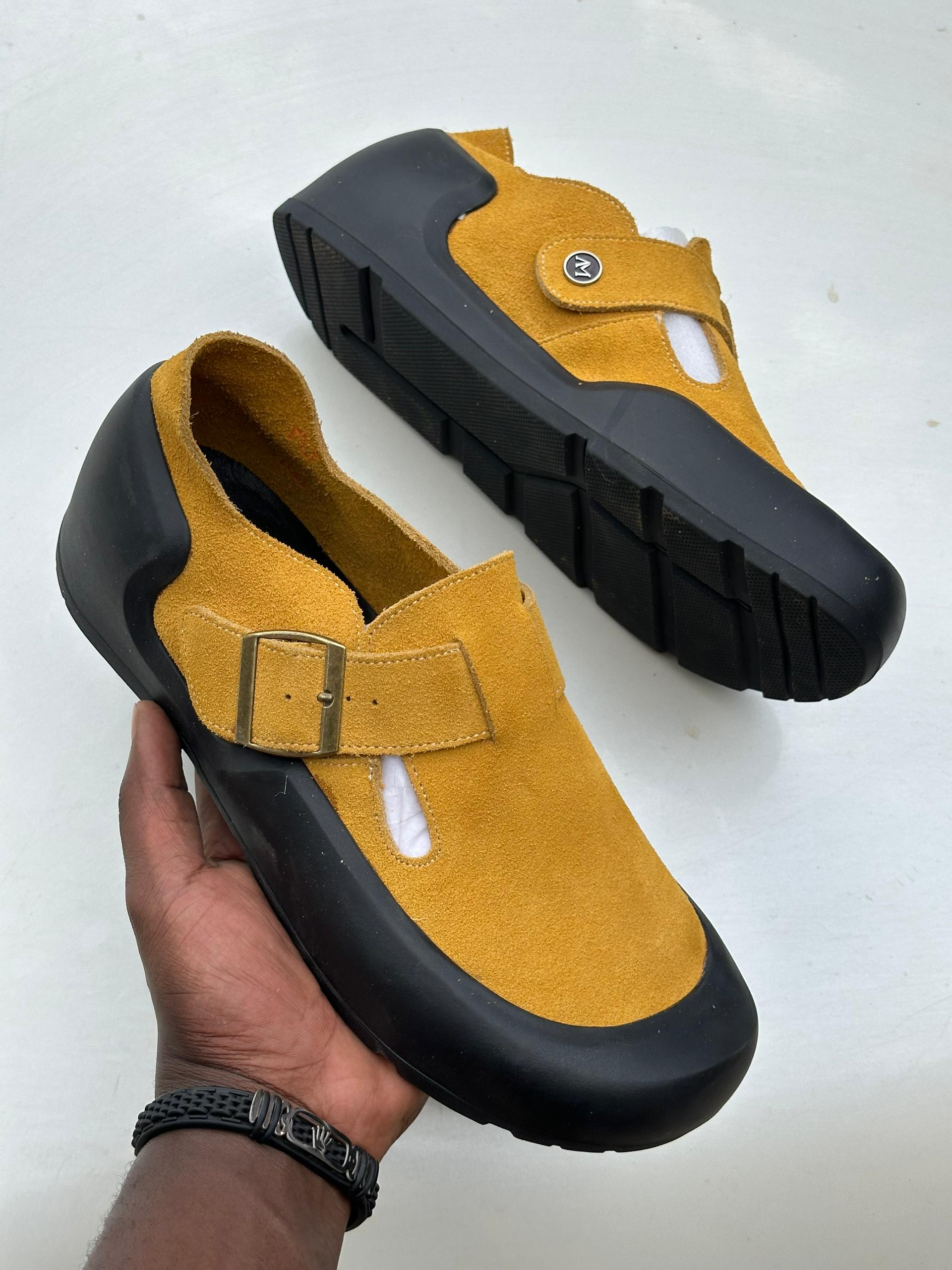 Mustard Yellow Suede Buckle Strap Clog Mule Shoes
