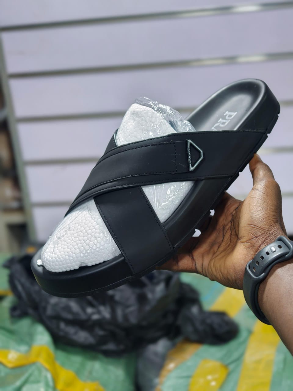 Prada Men's Black Cross-Strap Slide Sandals