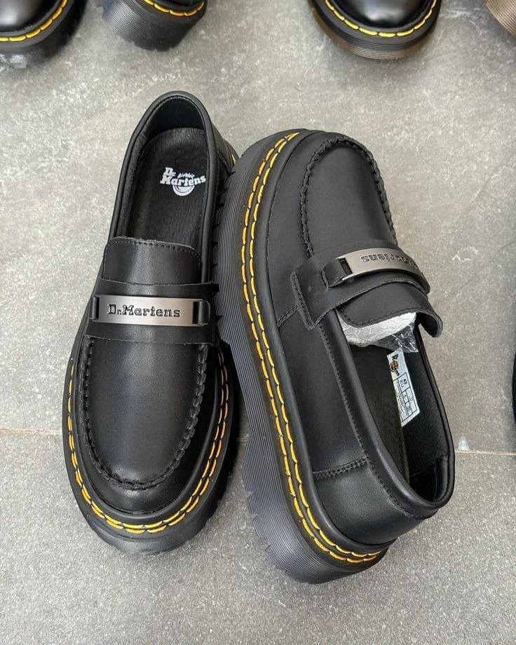 Black Leather Platform Penny Loafer with Yellow Welt Stitching