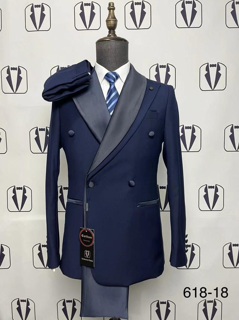 Men's Double-Breasted 2-Piece Suit – Navy Blue (Cotton)