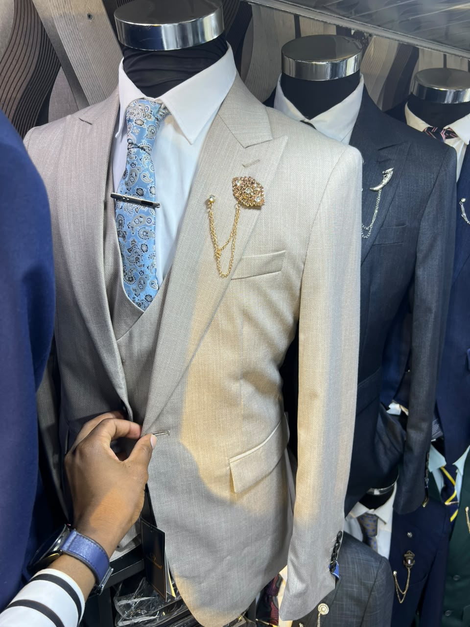 Men's 3-Piece Suit Set – Cream Beige Blazer, Vest & Accessories