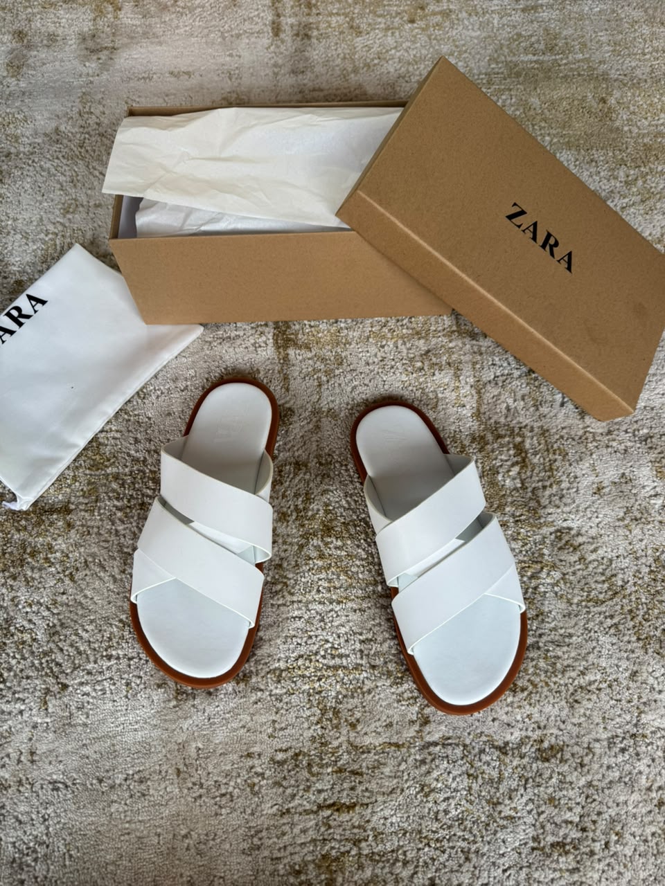 Zara White Leather Crossband Slide Sandals
