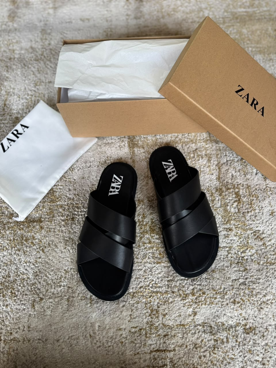 Zara Black Leather Crossband Slide Sandals