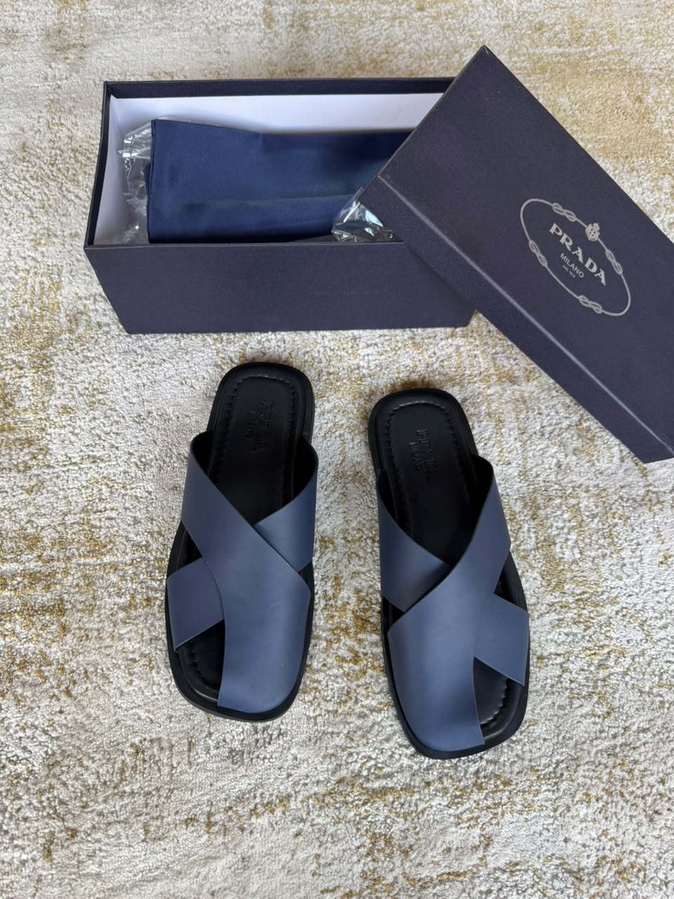 Prada Navy Blue Leather Crossband Slide Sandals