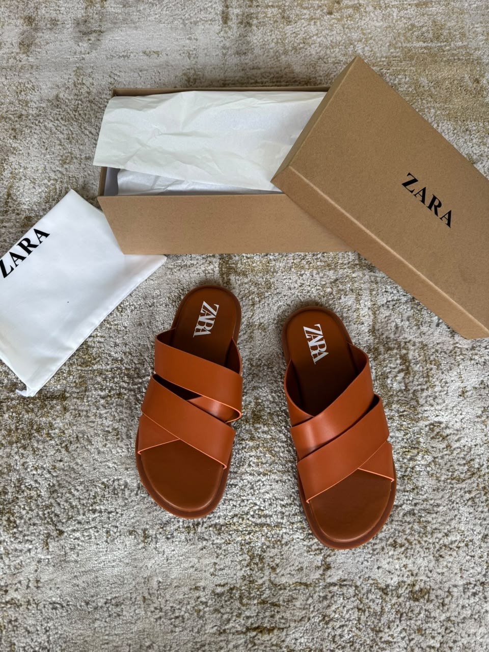 Zara Tan Leather Crossband Slide Sandals