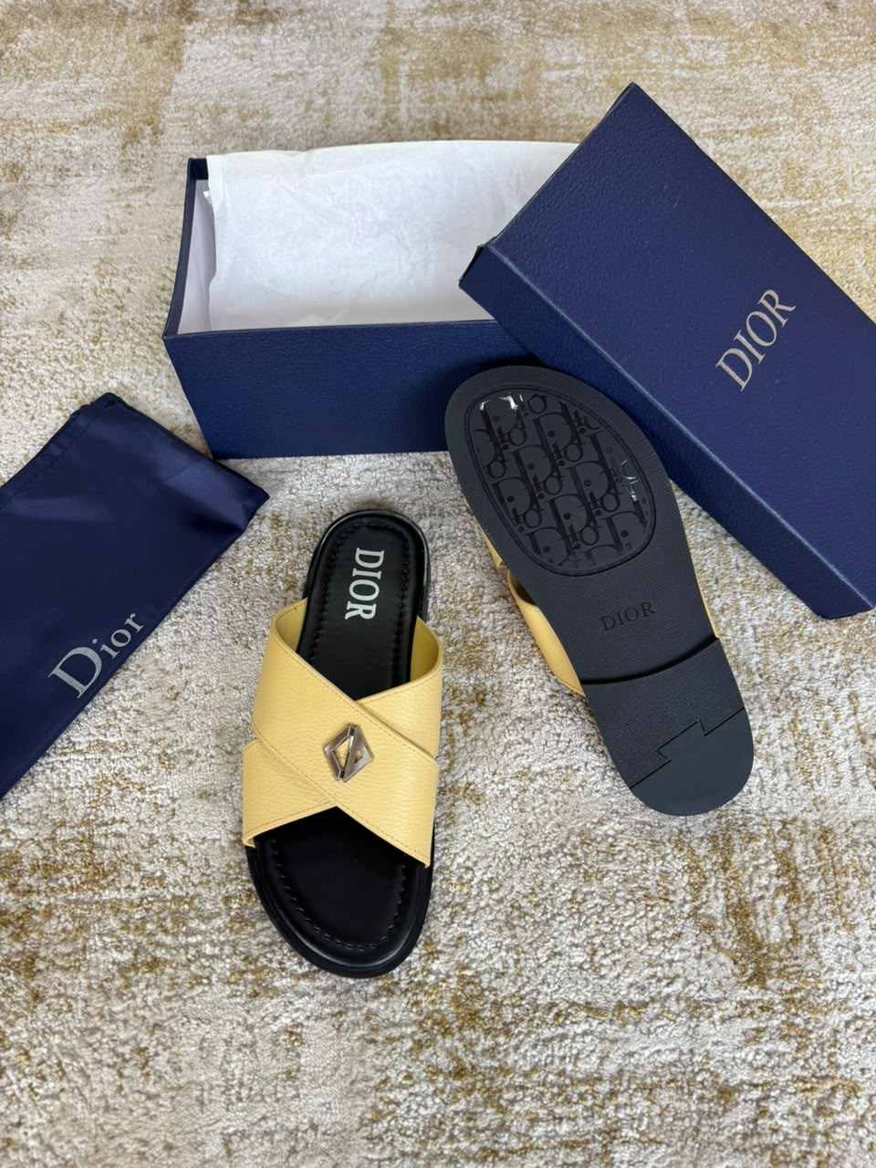 Dior Yellow Leather Crossband Slide Sandals
