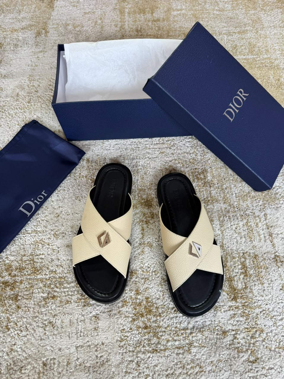 Dior Cream Leather Crossband Slide Sandals