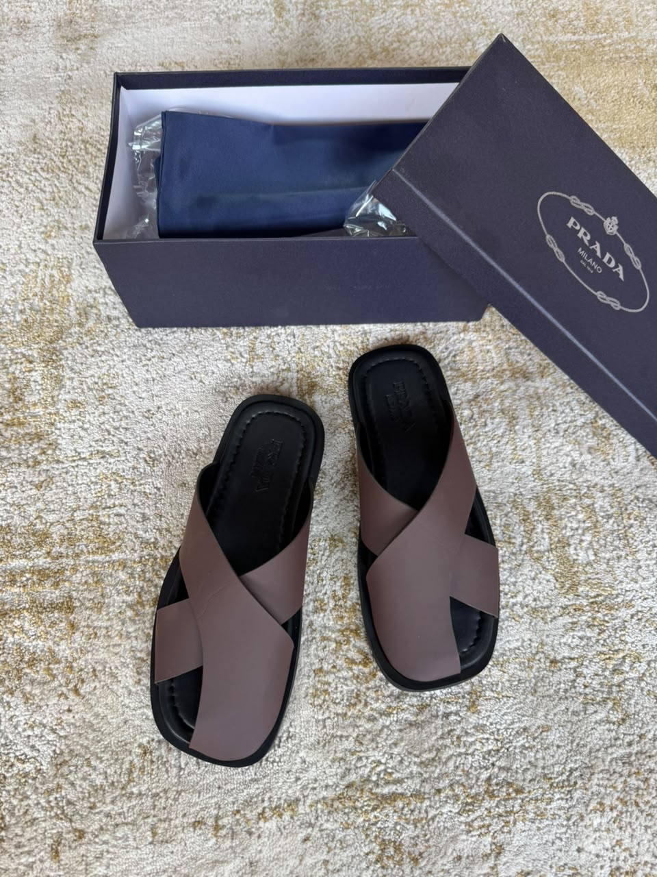 Prada Crossband Leather Slide Sandals