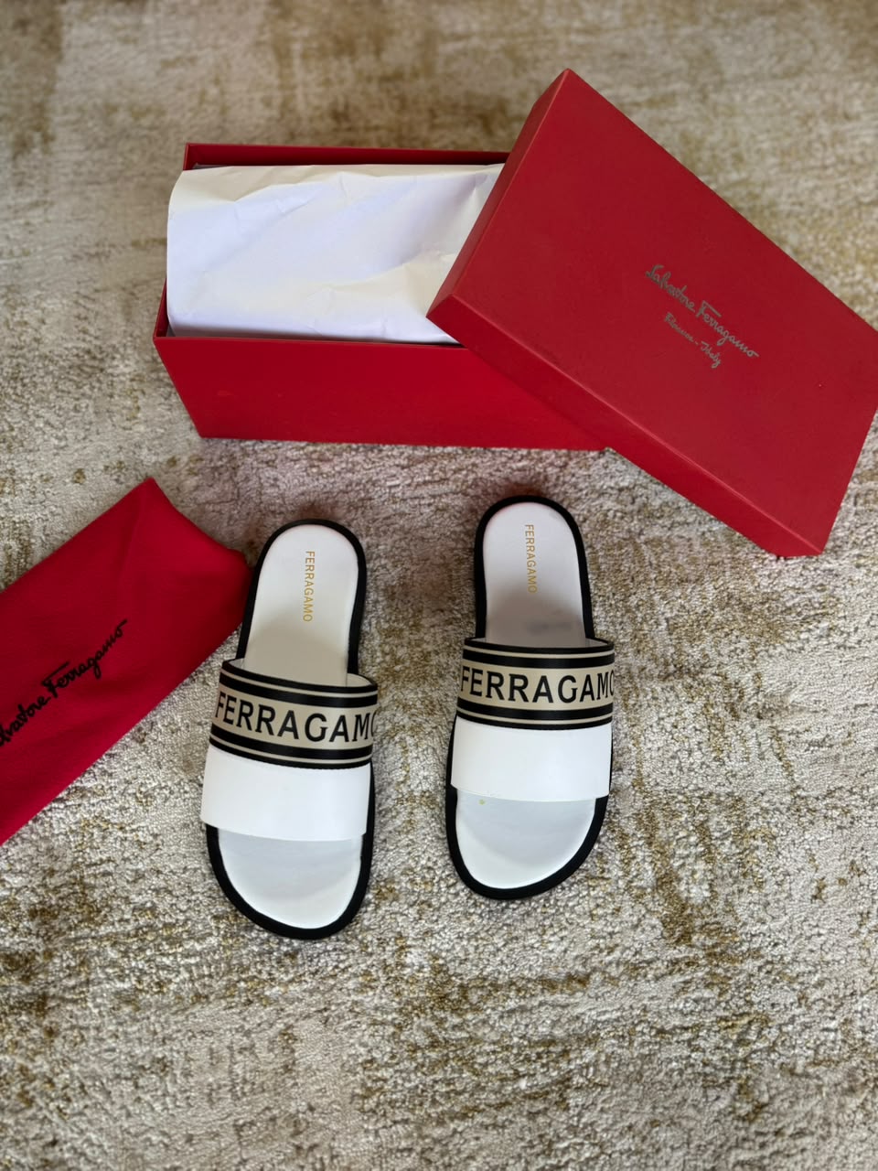 Ferragamo Logo Strap White Slide Sandals