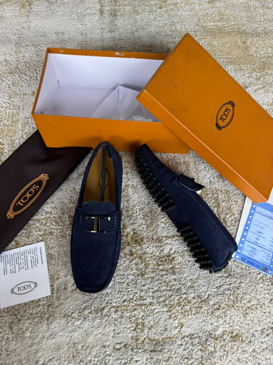 Tod's Navy Blue Suede T-Bar Buckle Loafers