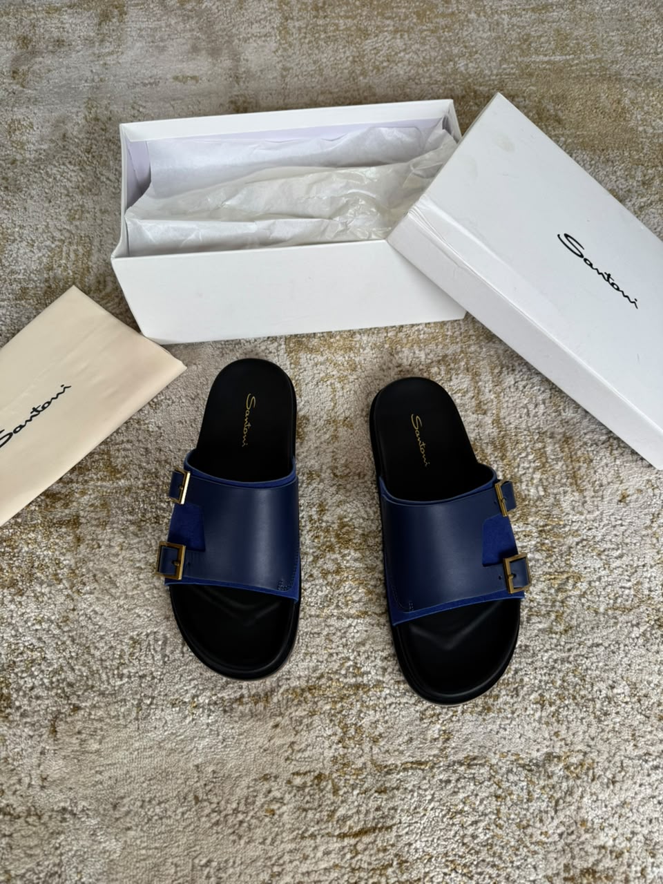 Santoni Navy Blue Leather Double Buckle Slide Sandals