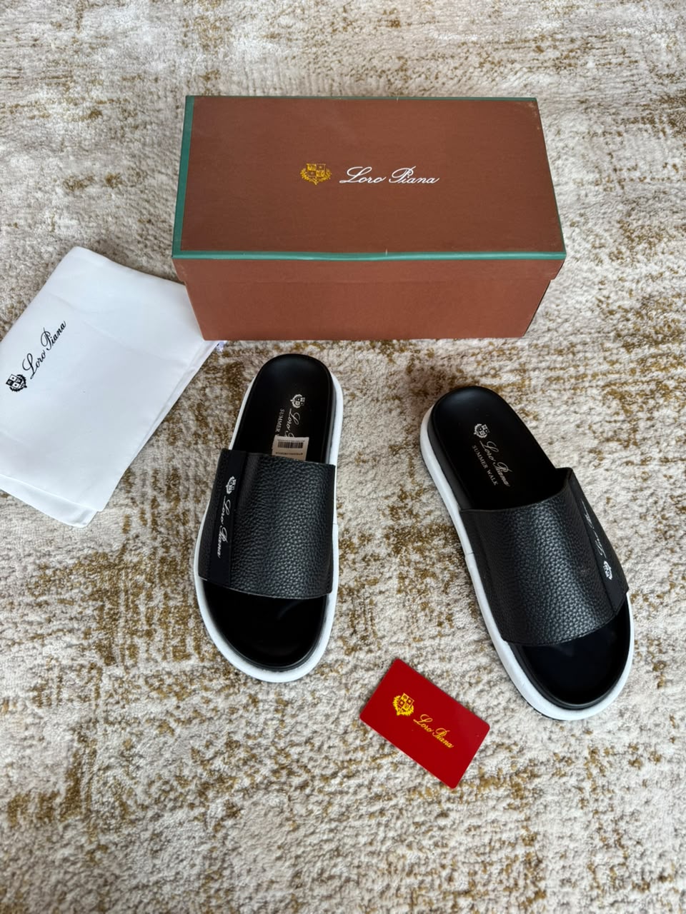 Loro Piana Black Pebbled Leather Slide Sandals