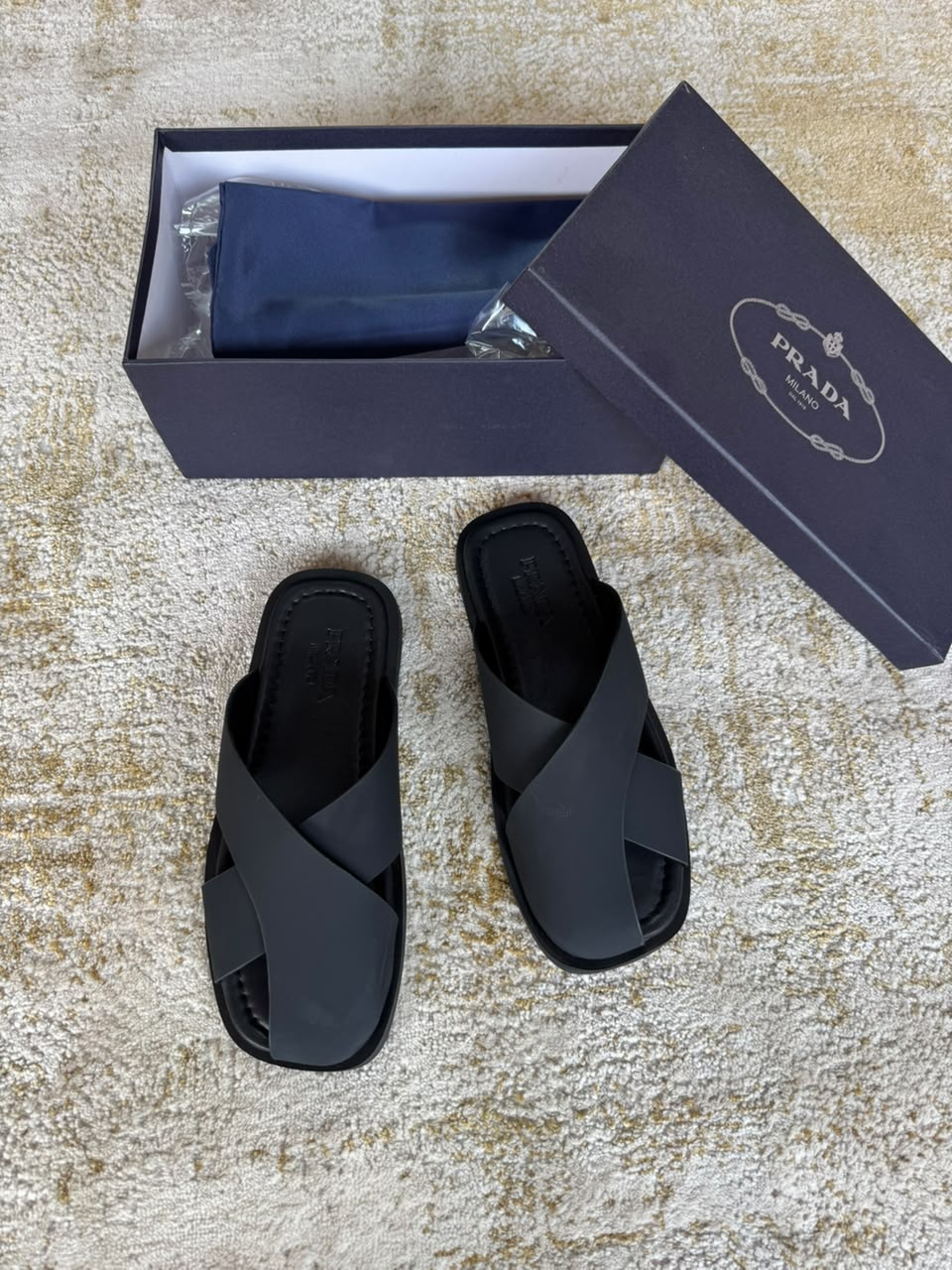 Prada Black Leather Crossband Slide Sandals
