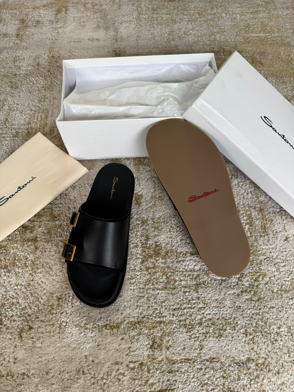 Santoni Black Leather Buckle Slide Sandals