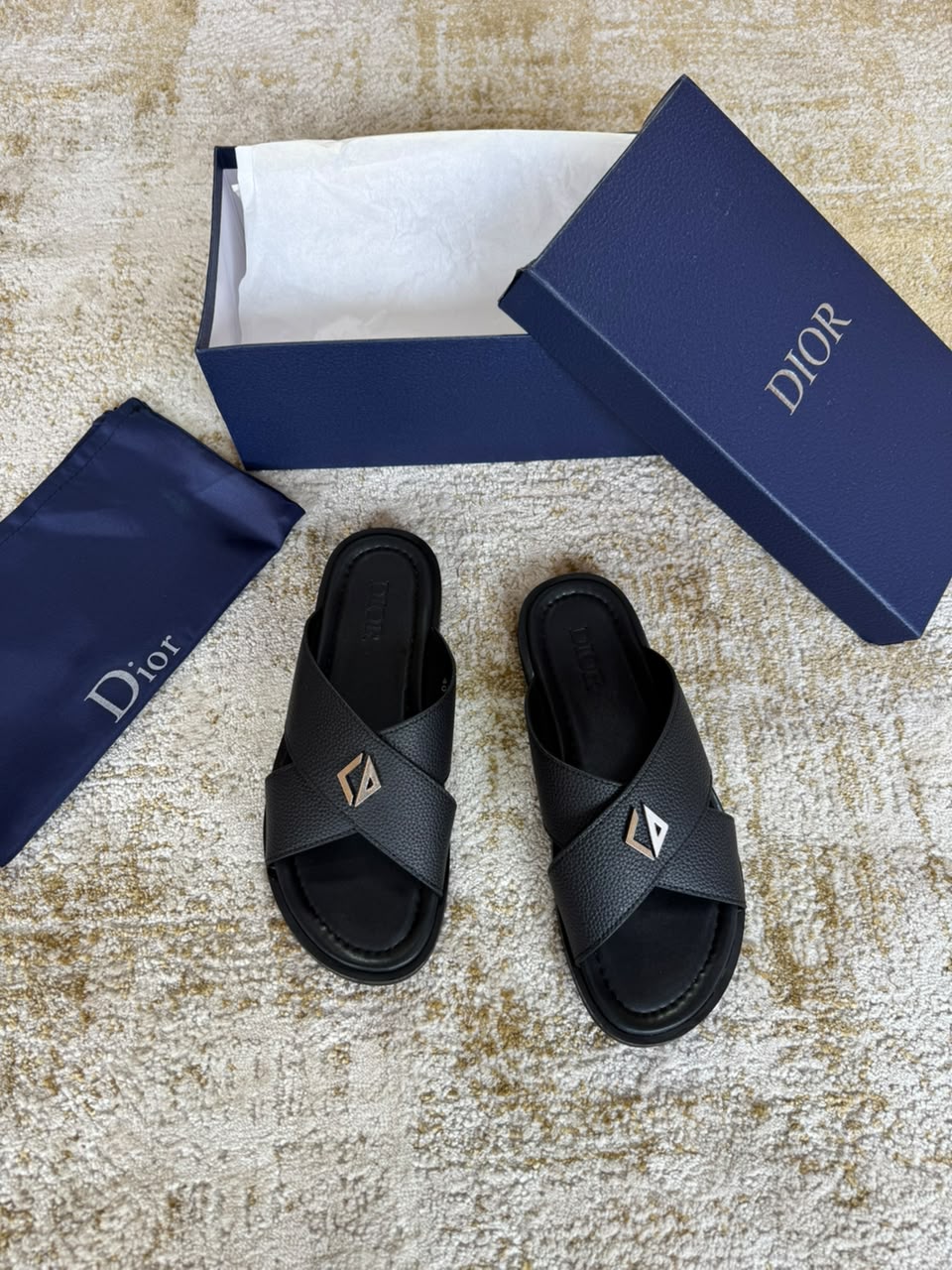 Dior Black Grained Leather Crossband Slide Sandals