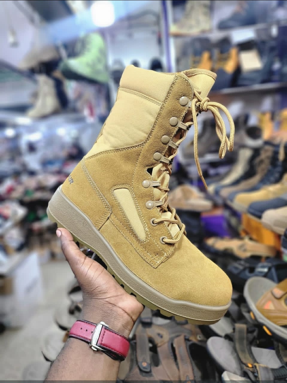 Tan Suede & Canvas High-Top Military Tactical Boot